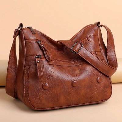 聯名好物-PU軟皮質感斜背包 大容量斜背包 簡約時尚送母親禮物包包 中年女士側背包 質感皮包-全域代購