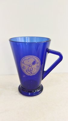 (早年老件收藏) 早期 SNOOPY 史奴比藍色玻璃水杯 牛奶杯 果汁杯 茶杯(經典款)~特價