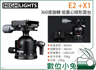 數位小兔【HIGHLIGHTS E2 + X1 360度旋轉 低重心球形雲台】鋁合金 3/8 1/4 10kg 單反