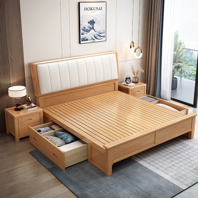 北欧简约榉木实木床1.8米双人软包工厂直销1.5米白色软靠原木婚床