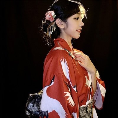 【熱賣精選】和服新款日本女士和服浴衣紅色仙鶴印花和服旅游復古風寫真改良式和服