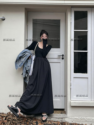 熱銷 170高個子加長版黑色連衣裙女秋季氣質長袖收腰顯瘦黑天鵝超長裙-可開發票
