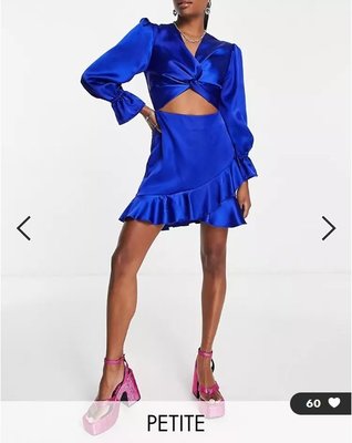 (嫻嫻屋) 英國ASOS-Flounce London優雅時尚名媛藍色鍛面扭結V領荷葉摺邊裙洋裝禮服PI22