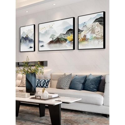 促銷打折 客廳裝飾畫新中式沙發背景墻壁畫現代輕奢掛畫背有靠山三聯山水畫