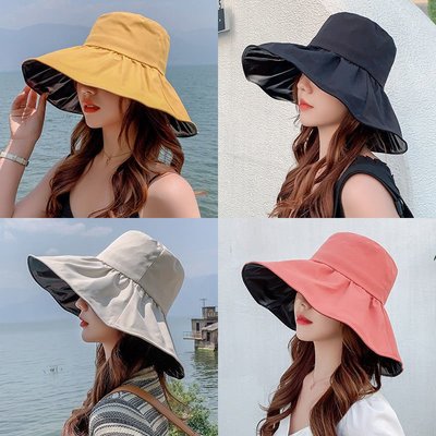 日本黑膠大沿帽子女新款夏季漁夫帽防曬太陽帽防紫外線遮陽折疊帽韓版日系