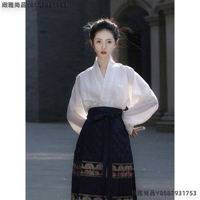 新中式國風女裝襯衫配馬面裙日常小個子明制改良飛機袖漢服連衣裙-緻雅尚品