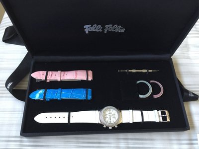 真品FOLLI FOLLIE粉紅藍色白色三眼手錶組