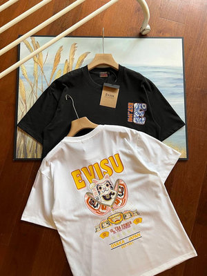 EVISU/福神2024夏季新款卡通字母招財貓印花休閑寬松情侶款 休閒上衣男短袖T恤 純棉百搭T恤 圓領套頭衫