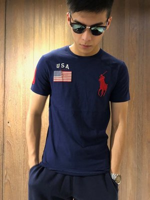 美國百分百【Ralph Lauren】短袖 T恤 大馬 RL T-shirt 國旗 男 上衣 短Tee 深藍色 C878