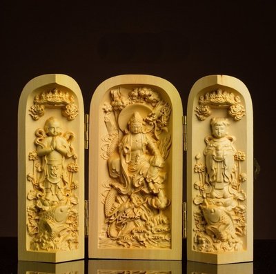 佛藝館 佛教用品 三開盒佛龕 馭龍觀音 法像莊嚴 木雕擺件 黃楊木（GA-2403）