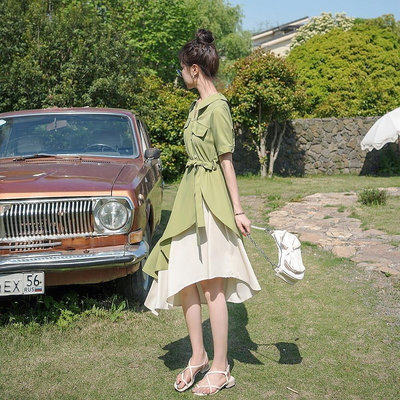 赫本輕熟風御姐氣質酪梨綠襯衫洋裝女 夏季高腰法式不規則裙子-質量保證