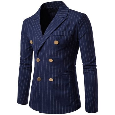 FINDSENSE Z1 韓國 時尚 潮 男 翻領 豎條紋 金色雙排扣 休閒外套 條紋外套 西裝外套