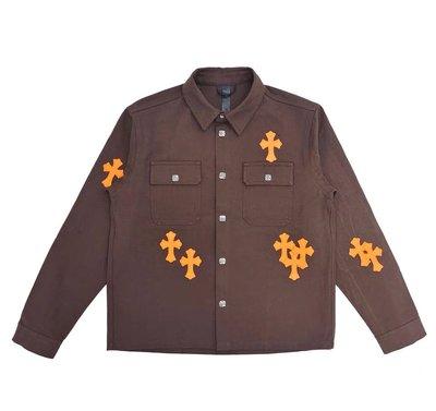 美國品牌chrome hearts新款十字架皮牌刺繡銀器男裝立領口袋長袖襯衫外套