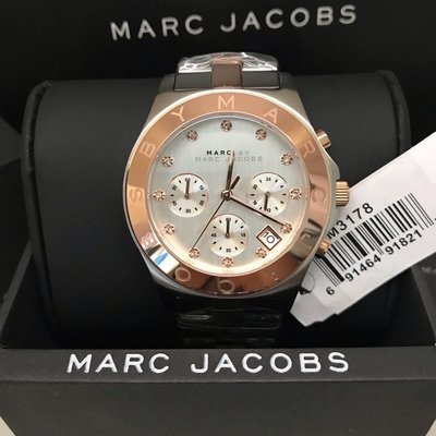 MARC BY MARC JACOBS 晶鑽刻度 玫瑰金色配銀色不鏽鋼錶帶 石英 三眼計時 女士手錶 MBM3178