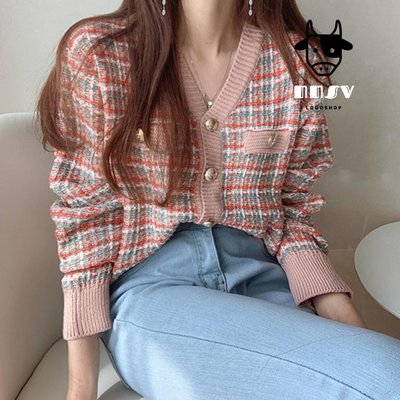 牛奶少女[任2件折30]��韓國chc法式小眾秋裝復古顯瘦百搭V領彩色格子針織開衫外套