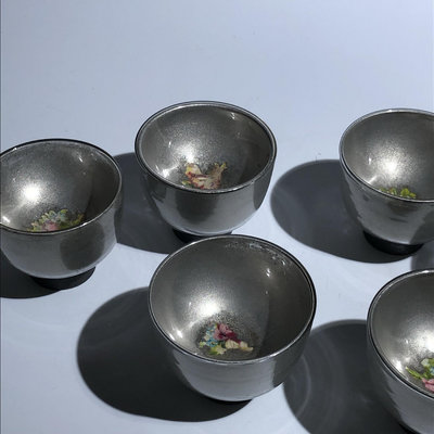 日本 錫托七寶雙層酒杯 茶杯 六客  品相如圖 內繪 底款自