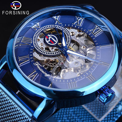 現貨男士手錶腕錶新款 forsining 手錶男時尚休閑經典流行藍色網帶 手動機械錶