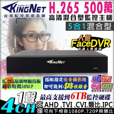 4路監視器 監控主機 KingNet 500萬 5MP人臉偵測 H.265壓縮 手機遠端 AHD TVI CVI 類比
