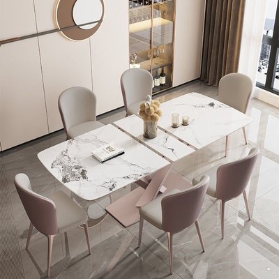 輕奢巖板餐桌現代簡約拉伸折疊可伸縮長方形家用極簡小戶型餐桌椅~特價