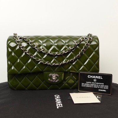 13開 Chanel橄欖綠漆皮中號cf 25鏈條包