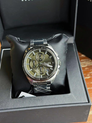 HUGO BOSS Volane 綠色錶盤 銀色不鏽鋼錶帶 石英 三眼計時 男士手錶 1513951