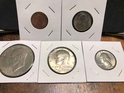 美國🇺🇸紀念幣組合-1976年建國200週年紀念幣組（1組3枚）+1976年發行的5分、1分各1枚，共5枚