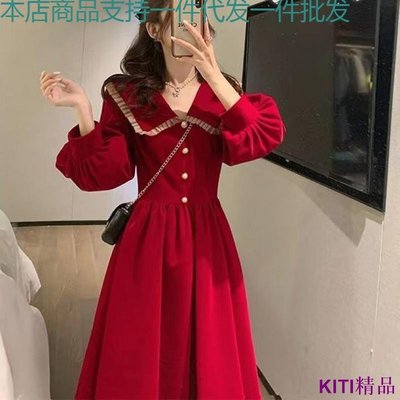 KITI精品洋裝長裙法式氣質女神範赫本風紅色絲絨訂婚秋冬季大尺碼胖MM女裝