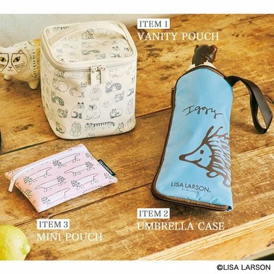 [瑞絲小舖]~日雜自然風亞麻7月號2019附錄Lisa Larson箱型化妝提包＆拉鍊收納傘套＆小物包(三件組)