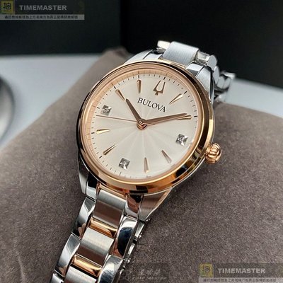 BULOVA手錶,編號BU00002,28mm玫瑰金圓形精鋼錶殼,白色簡約, 中三針顯示錶面,金銀相間精鋼錶帶款