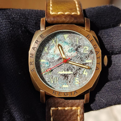 新加坡 Regia 特色 舊化 銅綠 面盤 枕型 方錶 青銅 黃銅 機械錶 手錶 腕錶 brass bronze automatic watch 銅錶 加州面