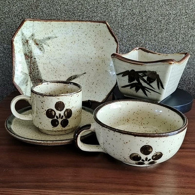 【二手】日本益子燒早餐碗 盤 方缽 咖啡杯5件套24745【古玩天下】古玩 收藏 古董