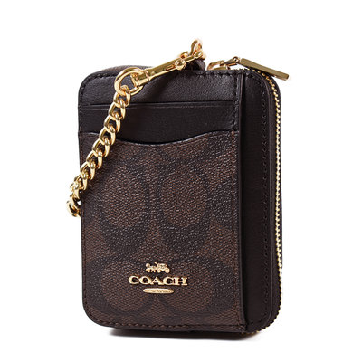 美國正品 COACH 緹花LOGO鍊帶證件零錢包-咖啡色【現貨】