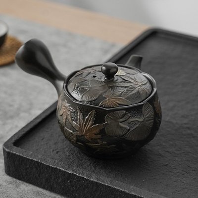 現貨熱銷-日本進口純手工手刻楓葉紫泥高檔功夫茶單壺常滑燒急須側把茶壺茶壺單壺