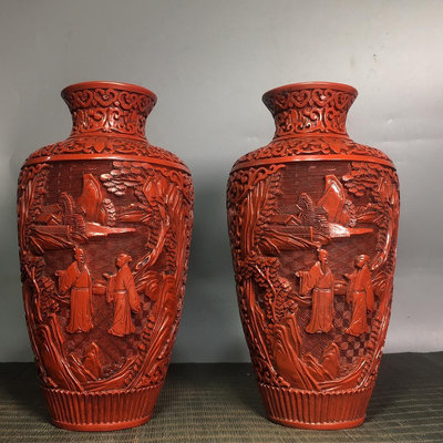剔紅漆器花瓶一對，高23厘米，寬13厘米，重1050克， 古玩古董 舊藏老貨 收藏擺件【晉王府】143785