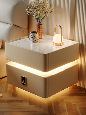 智能床頭柜輕奢高級感實木帶燈2023新款臥室床邊收納柜子簡約現代