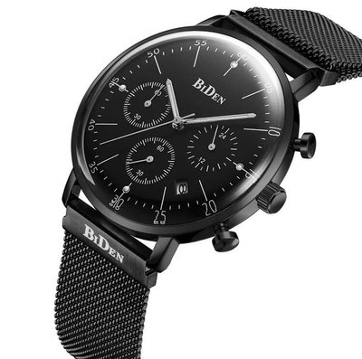 BIDEN（拜登） 外銷熱賣運動男錶  商務簡約三眼石英錶 潮流六針  防水手錶米蘭尼斯鋼錶帶  黑色款