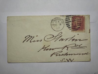 大英帝國 1868年 紅便士郵封 SG43 1d Rose-Red Plt217 ML cover
