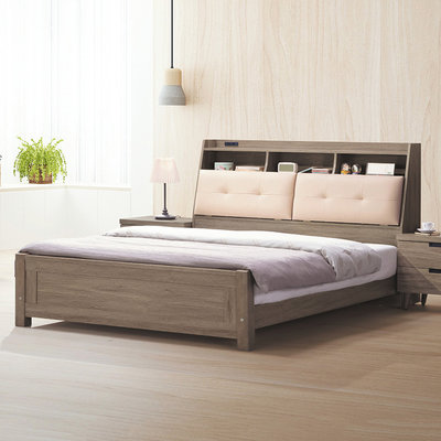 【在地人傢俱】22 輕鬆購-羅德灰橡色浮雕耐磨木紋5尺書架型雙人床台/床架 GD63-5