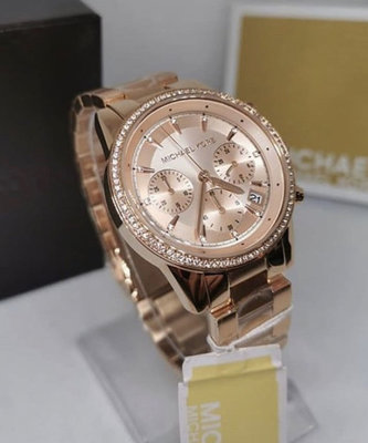 MICHAEL KORS Ritz 鑲晶鑽 玫瑰金色不鏽鋼錶帶 石英 三眼計時 女士手錶 MK6357