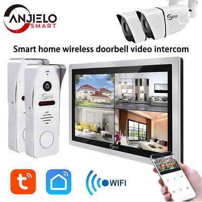 Anjielo 10寸WiFi系統涂鴉DVR智能家庭可視對講門鈴 4分屏IP品牌
