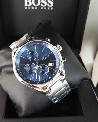 HUGO BOSS Grand Prix 藍色錶盤 銀色不鏽鋼錶帶 石英 三眼計時 男士手錶1513478