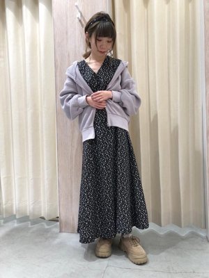 日本品牌nice claup 黑色碎花v領雪紡紗洋裝連身裙