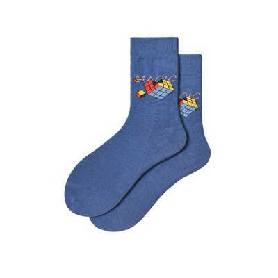 卡通魔術方塊中統襪  藍色 魔術方塊 卡通插畫 塗鴉 襪子 女襪 運動襪 學生襪 棉襪【小雜貨】