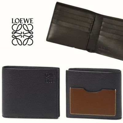 LOEWE ( 深藍黑色×黑色×棕色) LOGO壓紋 真皮兩摺短夾 錢包 皮夾 中性款 現貨