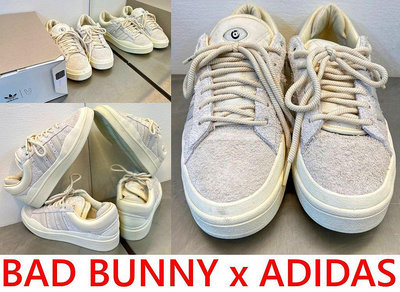 BLACK近全新BAD BUNNY x ADIDAS厚底解構雙鞋舌CAMPUS米白麂皮滑板鞋