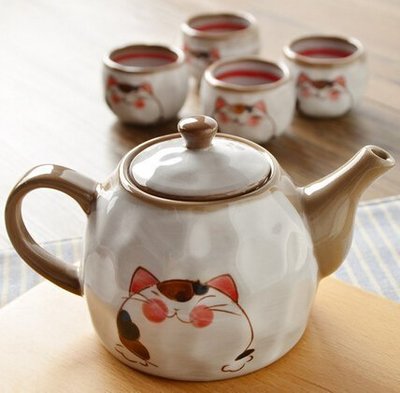 【熱賣精選】貓咪茶壺  茶杯組 1茶壺+2茶杯 陶瓷製 8c