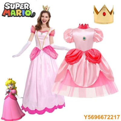 布袋小子兒童成人角色扮演超級馬里奧公主桃子角色扮演服裝粉色連衣裙帶皇冠萬聖節派對女裝