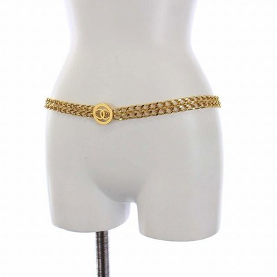 Chanel vintage香奈兒復古雙層窄版cc圓形標誌金黃色鏈式古董腰帶 腰鍊 腰鏈