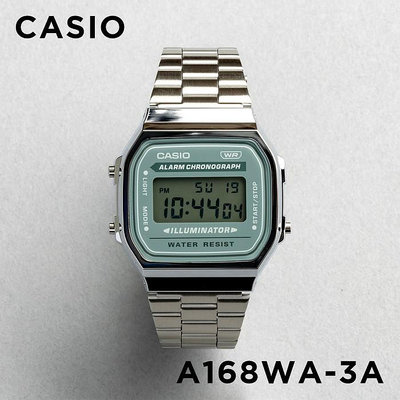 【金台鐘錶】CASIO 卡西歐 A168WA-3A 簡約電子錶 (復古造型) 鋼帶 方型 (灰綠)