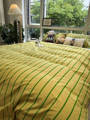【熱賣下殺價】床單ins北歐簡約草黃色條紋床上四件套全棉純棉1.5m米被套床單三件套
